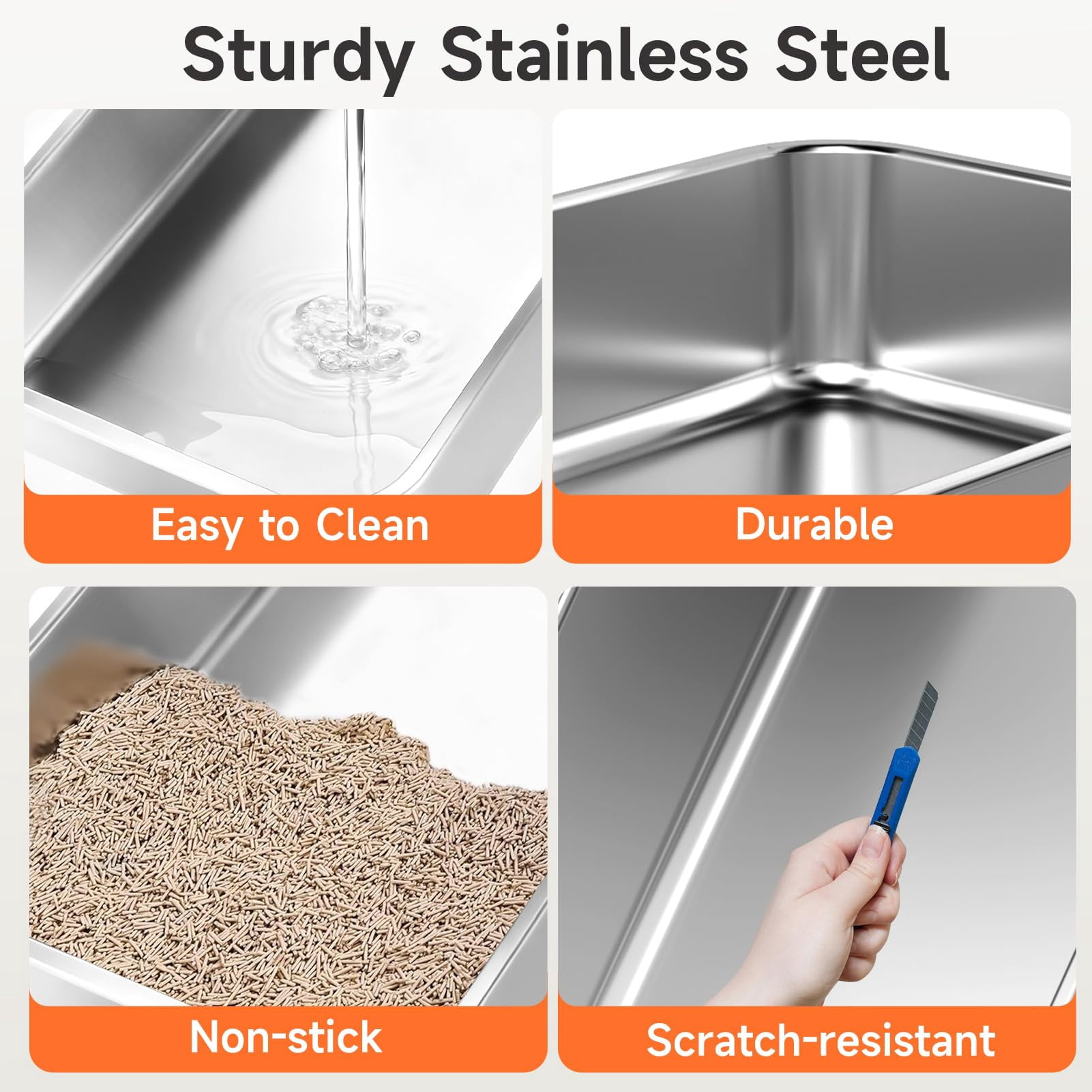Stainless Steel Cat Litter Box with High Sides and Open Top, Odor Control, Easy Cleaning Scoop Included, Anti-Scratch, Leak Resistant, Non-Stick Pet Litter Pan