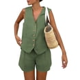 thumbnail image 7 of Women's Summer 2 Piece Outfits Sleeveless Button Down Lined Vest Shorts Matching Sets with Pockets Dressy Casual, 7 of 7