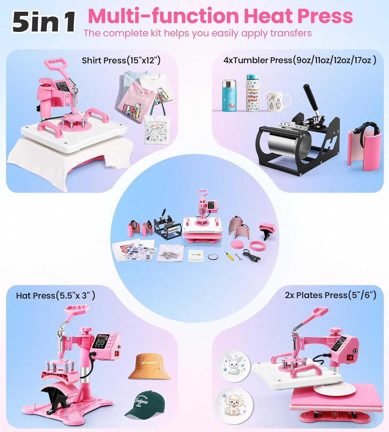 Adnoom 5 in 1 Heat Press Machine Combo,360°Swing Away Sublimation Heat Transfer 15"x12", Digital shirt Press Machine for Hat Cap Mug Plate,Pink