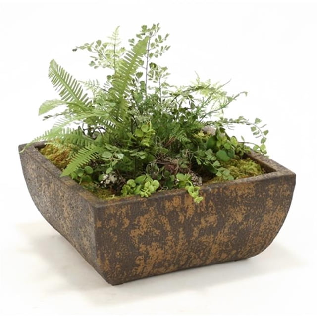 Distinctive Designs International 2080 Faux Ferns And Succulents In Deep Chocolate Crackle Square Stone Tray