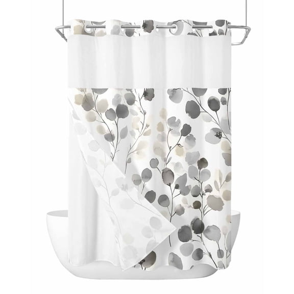 No Hook Shower Curtains with Snap in Liner, Grey Spring Botanical Waterproof Fabric Shower Curtain, Summer Floral Leaves Rustic Double Layers & See-Through Top Window Bathroom Curtains 60''x72''