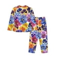 thumbnail image 2 of Kll The Garden Tricolor Pansy Flower Print Women'S Long Sleeve Pajamas With Pants Sleepwear Loungewear 2 Set-Medium, 2 of 9