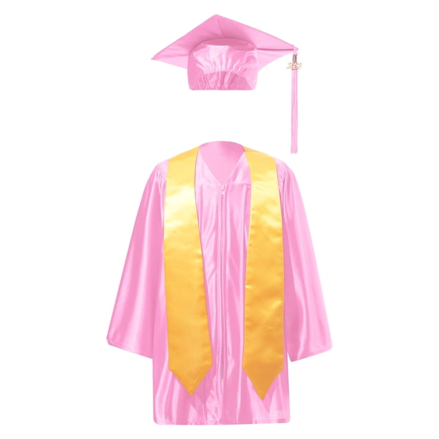 YONGHS Girls Graduation Gown Cap Set Kindergarten Preschool Church Robe Kids Children Uniform Outfit Pink 36
