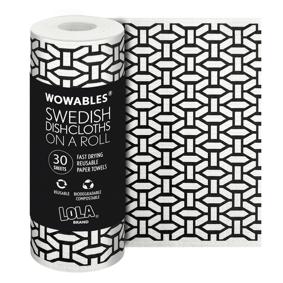 LOLA Swedish Dishcloths for Kitchen XL, 30 Sheet Roll w/ Hook, Black Geometric, 100% Biodegradable, Reusable Washable Paper Towel Cleaning Cloths, 11" x 10" Sheet, No Odor, Washing Dishes Absorbent