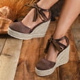 thumbnail image 3 of Rokment Platform Extra Wedge High Heels Dressy Shoes for Women Bride Wedding Beach Patchwork Closed Toe Espadrilles Chunky Heeled Strappy Dress Sandals Summer Fall Brown Size 6.5, 3 of 5