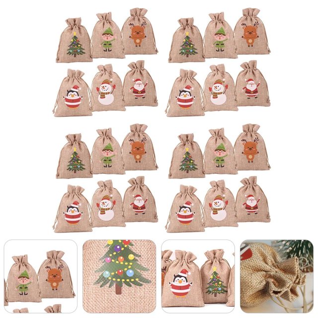 Saco de Navidad de 24 piezas, bolsas de regalo de Adviento, decoración de rubor, calendario de embalaje, decoración de arpillera de Navidad, Elder de lino