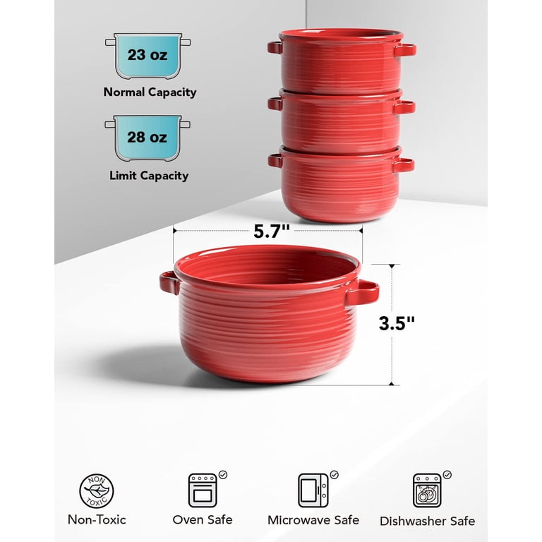 Le Tauci 28 oz Red Ceramic Soup Bowls with Handles, Set of 4 photo 3