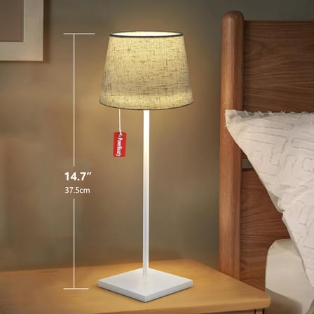 Postlucky 15" Portable LED Table Lamp Rechargeable, Pull Chain Cordless Outdoor Desk Light, Wihte Metal Bracket & Linen Lampshade