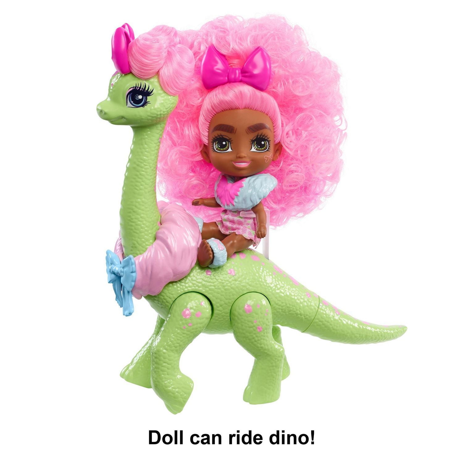 Poupée Bébé Diva Cave Club d’environ 8 cm avec cheveux frisés roses, tenue, accessoires et figurine dinosaure, cadeau à partir de 4 ans