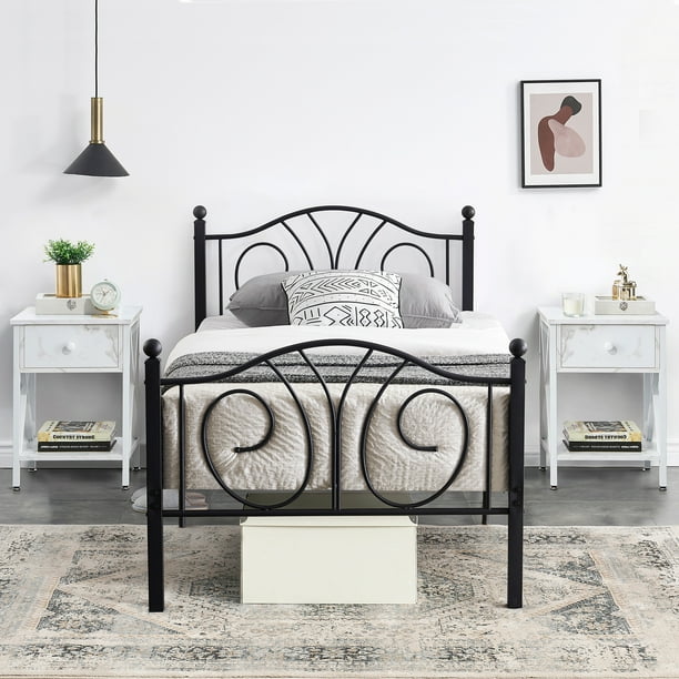 Metal Bed Frame And 2 White Nightstands, White Twin Bedroom Set