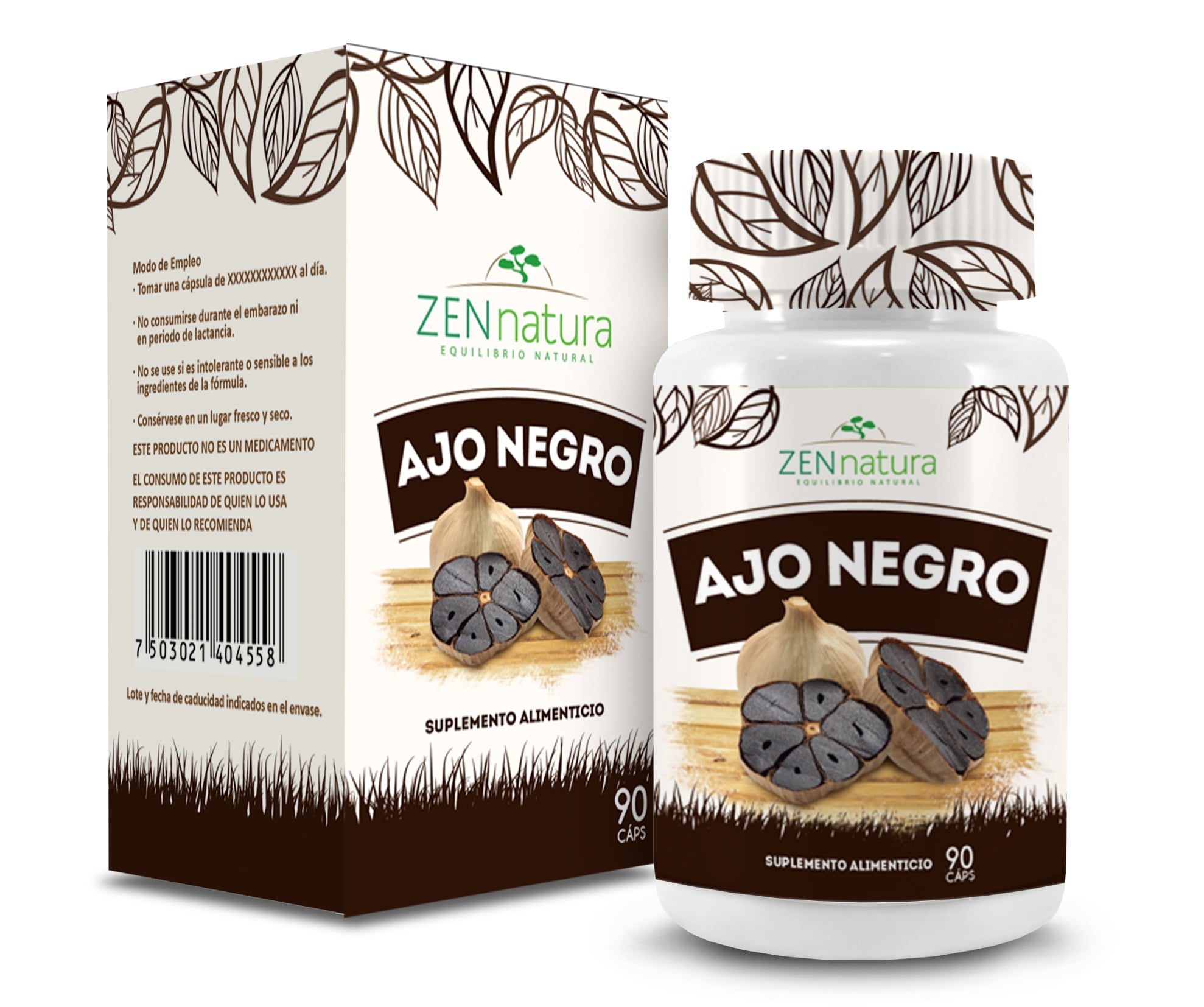Zen Natura Ajo Negro Suplemento, Aged Black Garlic Supplement, Original  from Mexico. 90 Capsules Bottle