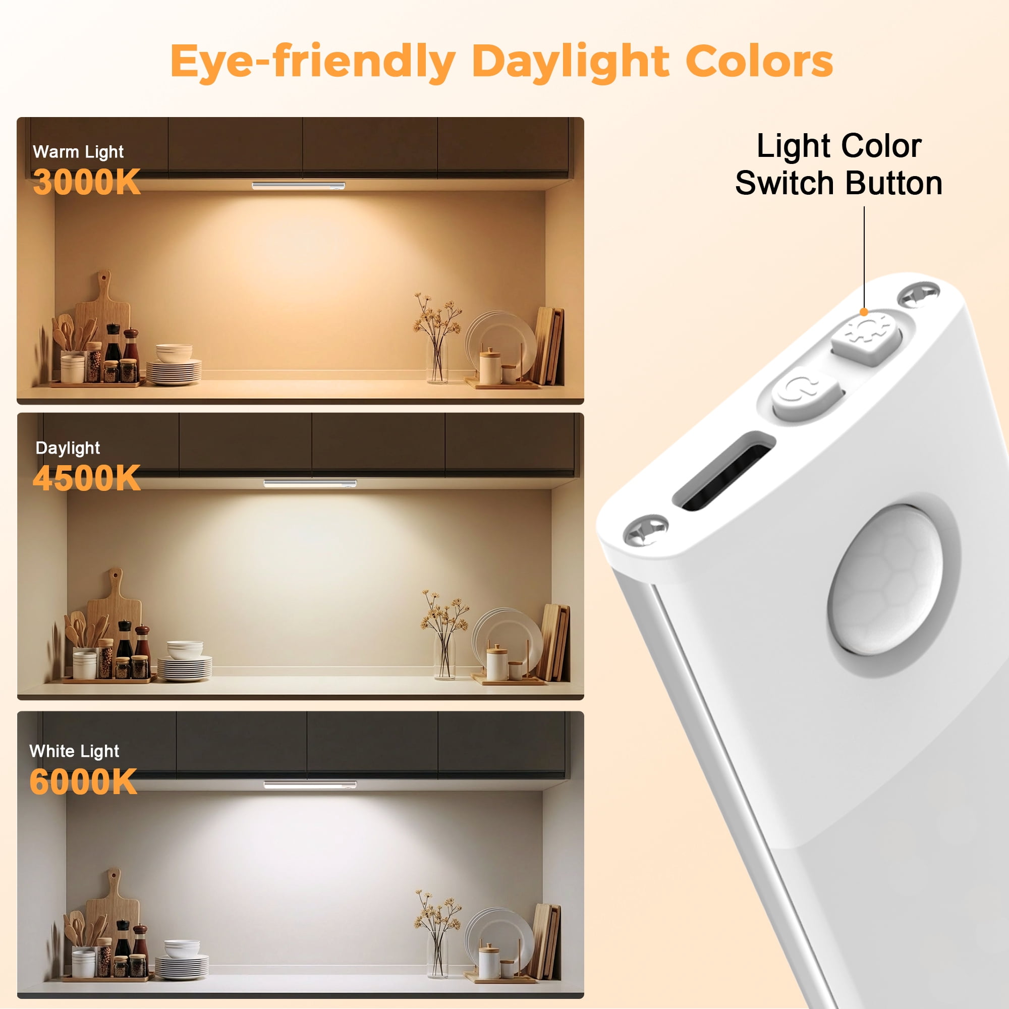 AIRTOK Under Cabinet Lighting - 4 Pack, Motion Sensor, Rechargeable, Magnetic Easy Installation, 3 Color Temps & 5 Brightness - LED Closet Lights