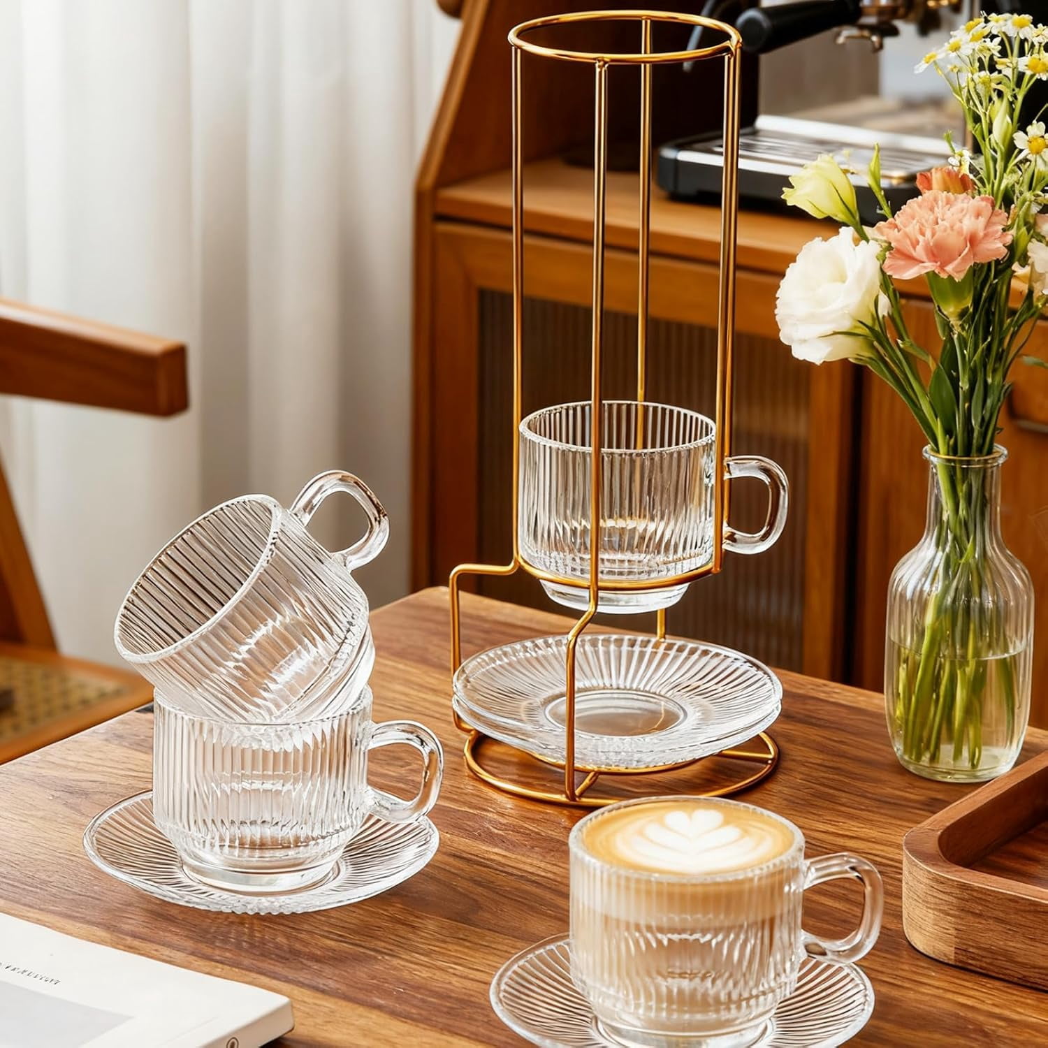 5.4 oz Espresso Cups Set of 4,Clear Glass Coffee with Saucers Spoons and Cup holder,Stackable Small for Espresso,Latte,Cappuccino,Tea