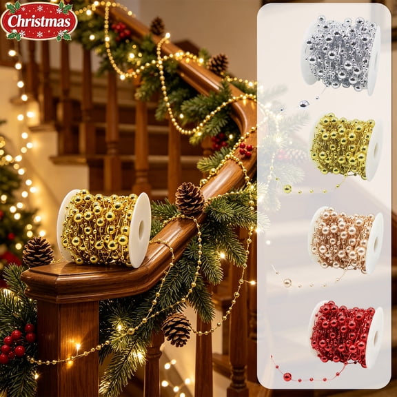 Christmas Bead Garland, Flexible Plastic Pearl Beaded String, Shiny Ball Bead Chain Ornament for Christmas Tree, Fireplace Mantle, Wreath, Holiday Home Decor, Party Display & DIY Craft Projects