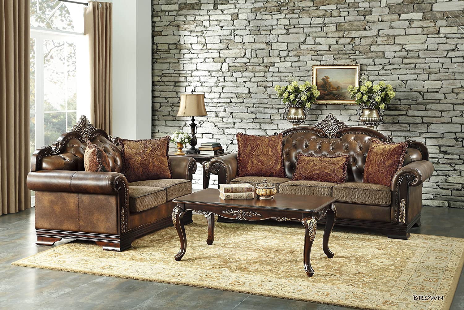 Homelegance Croydon Traditional Two-Tone Love Seat, 65"W, Brown PU Leather