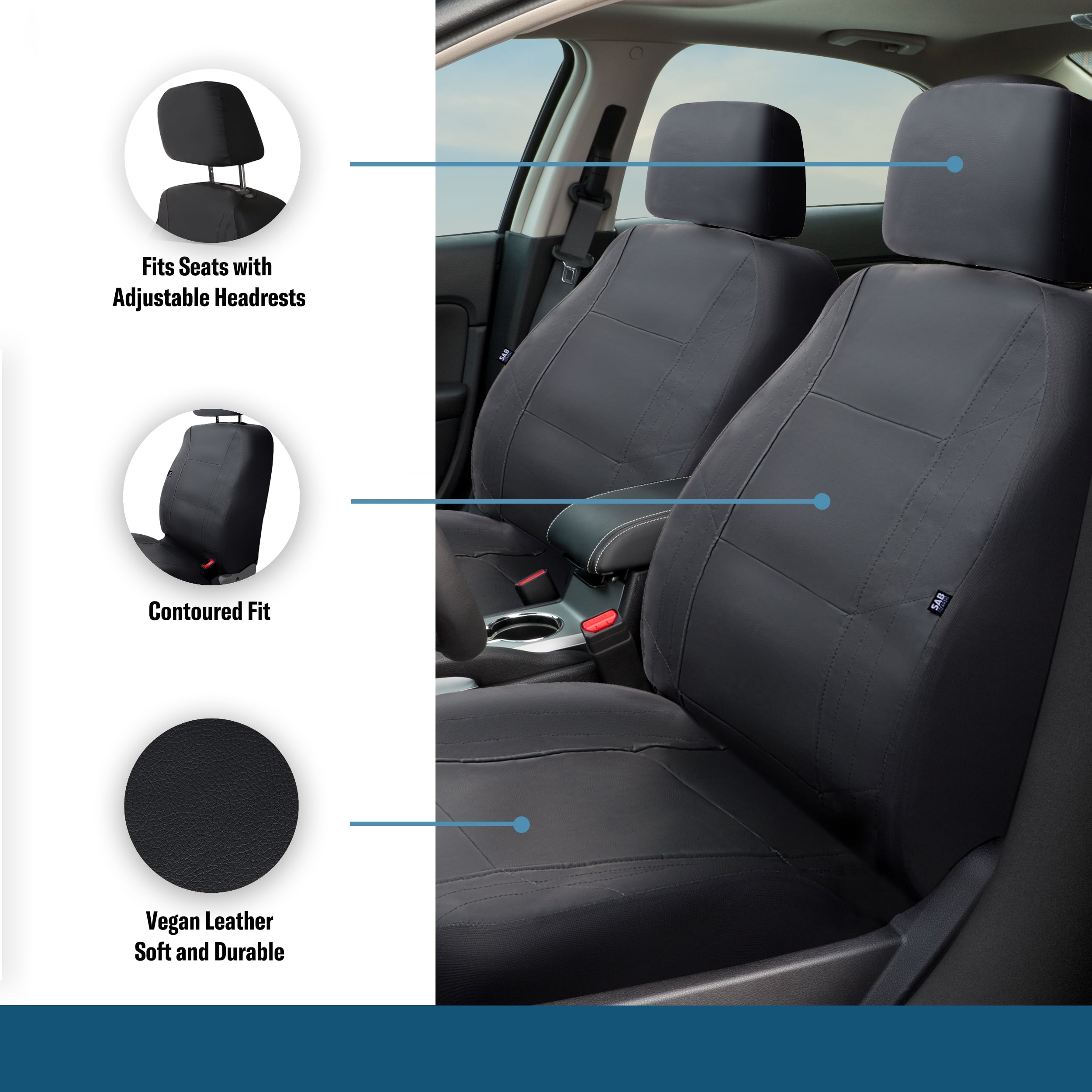 Custom Accessories Vegan Leather Car Seat Covers, Midnight Black, 2-Piece Set