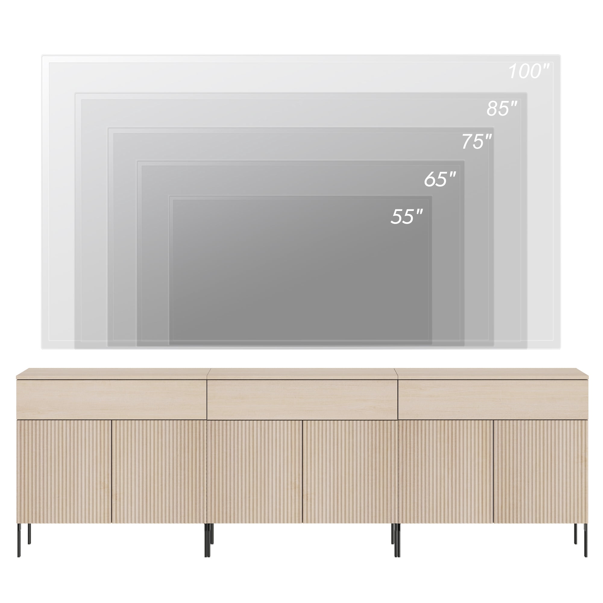 94.5" Reeded Accent Cabinet Set with 6 Doors and Drawers, Modern Credenza Storage Cabinet with Metal Legs for Living Room, Entryway, Hallway
