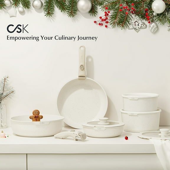 17pcs Nonstick Cookware Set with Detachable Handle - PFAS-Free Non Toxic, Induction & Oven Safe, White Pots and Pans for Kitchen