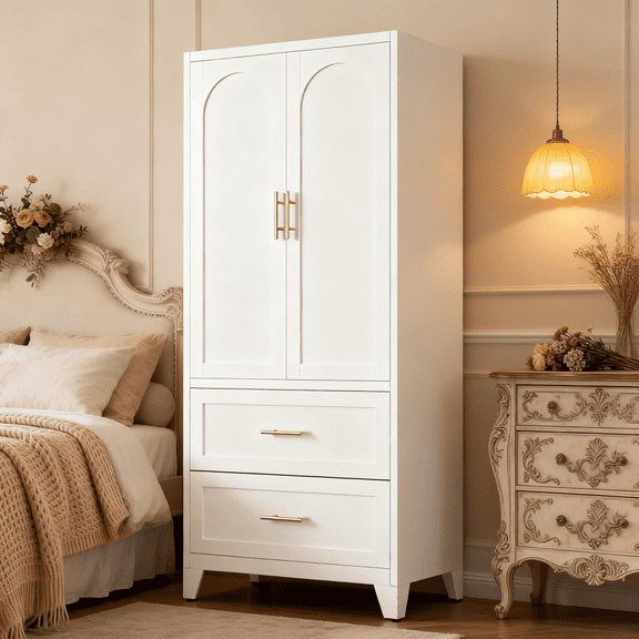 71" Metal Wardrobe Closet, Armoire Clothing Storage Cabinets with Hanging Rod and 2 Drawers, Farmhouse Steel Armoire Closet for Bedroom, White