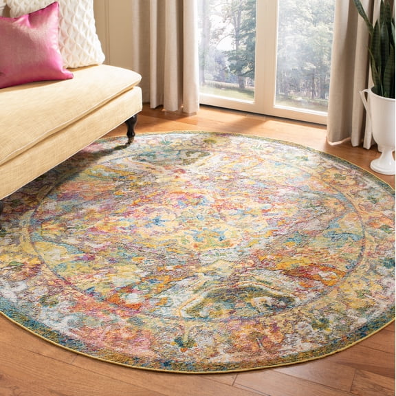 SAFAVIEH Crystal Lynette Oriental Area Rug, Light Blue/Orange, 7' x 7' Round