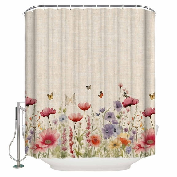 Fabric Shower Curtain, Spring Rustic Vintage Flowers Daisy Lavender Butterfly Watercolor Plant Shower Curtains with 12 Hooks Waterproof Machine Washable Bath Curtains for Bathroom,54 x 78in