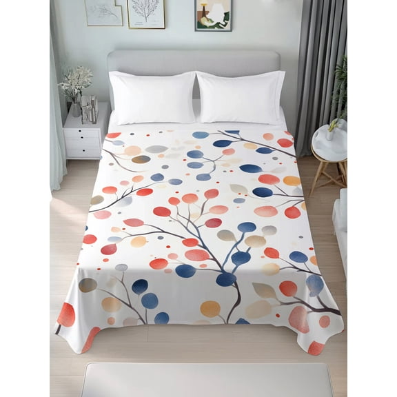 Queen Size Flat Sheet Only,Watercolor Colorful Botanical Leaves Soft Top Bed Sheets Breathable Bedding Sheet Rural Tree Branch on White Microfiber Hotel Luxury Top Sheets