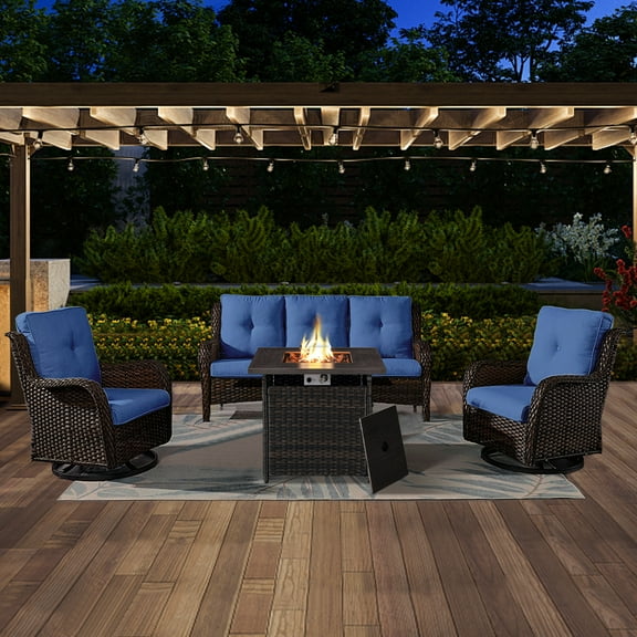 POCASSY 4PCS Patio Furniture Set with Fire Pit Table, Brown Wicker Weather-Resistant Outdoor Conversation Set with Sofa, Swivel Patio Chair and 50000BTU Propane Fire Pit Ideal for Porch Deck in Blue