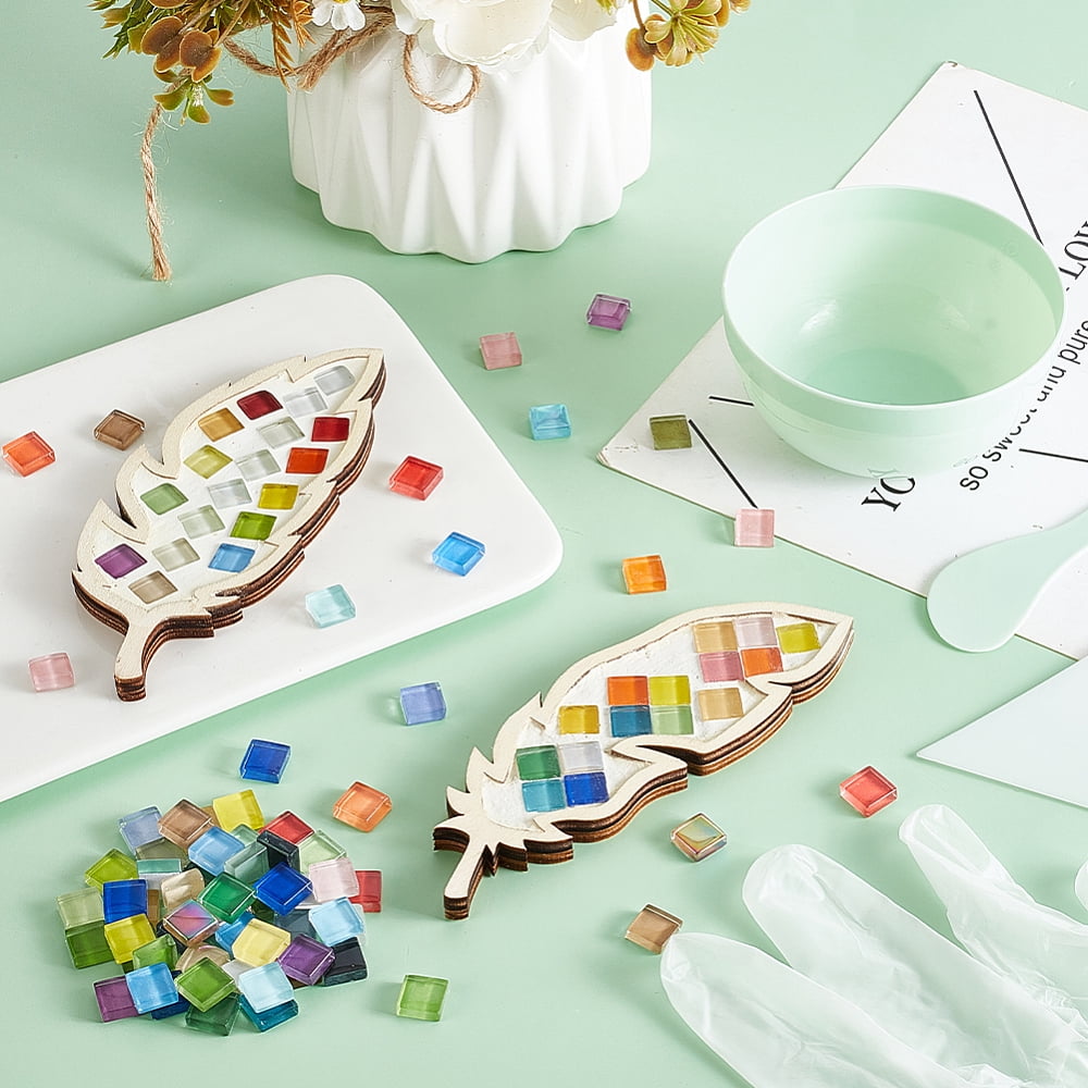DIY Mosaic Making Kits inclduing Square Glass Mosaic Tiles Wood Feather Sheet Templates Facial Beauty Mask Bowl Kit Disposable PVC Safety Gloves