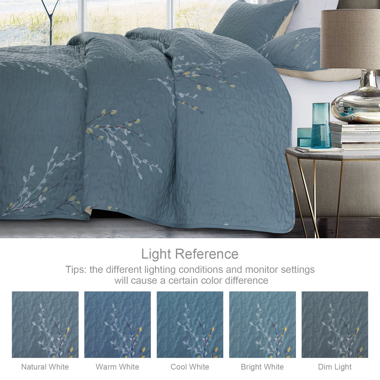 Exclusivo Mezcla Microfiber Queen Size Quilt Set, 3 Pieces Lightweight Bedspreads/ Coverlet/ Bedding Set with 2 Pillow Shams, Floral Branches Pattern (96"x 92", Blue)