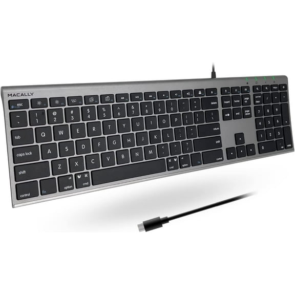 Macally USB C Wired Keyboard for Mac - Slim Space Gray with Scissor Keys & Shortcuts - Compatible with MacBook