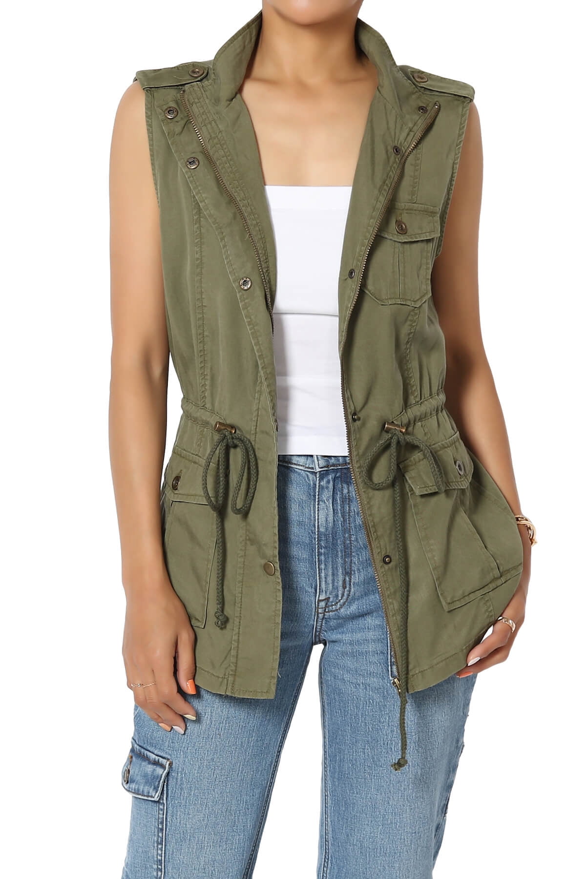 Women's Military Drawstring Waist Slim Fit Collar Vest Sleeveless Utility Jacket