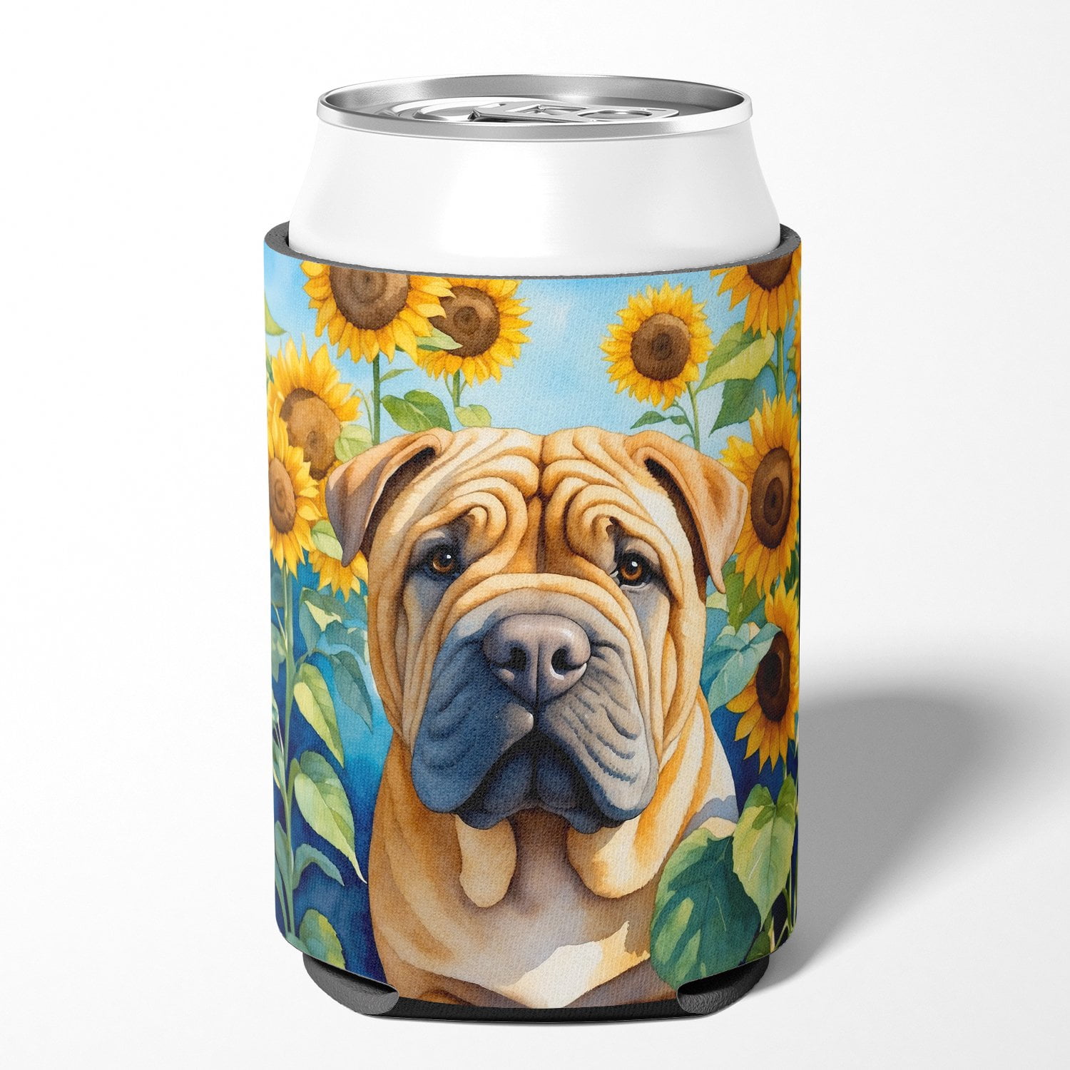Shar Pei in Sunflowers Can or Bottle Hugger 3 in x 5 in