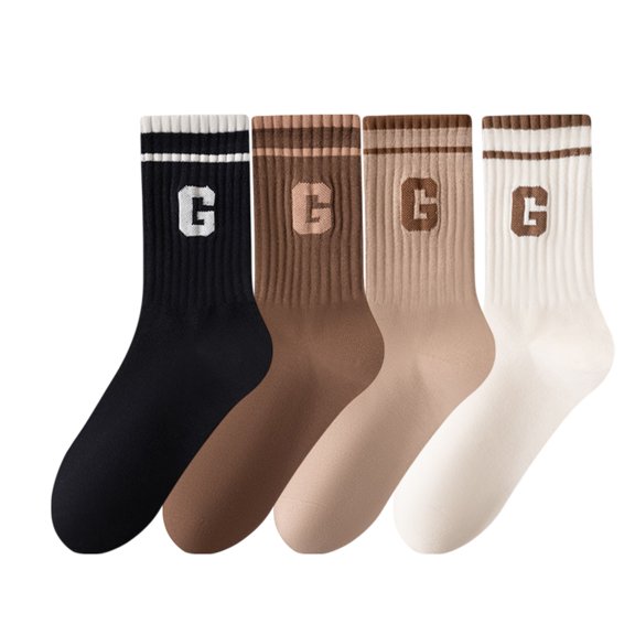 Women's 4-Pair Pack Ribbed Cotton Crew Socks with Striped Cuffs and G Letter Detail in Neutral Athletic Color Combinations - 4 pcs-A