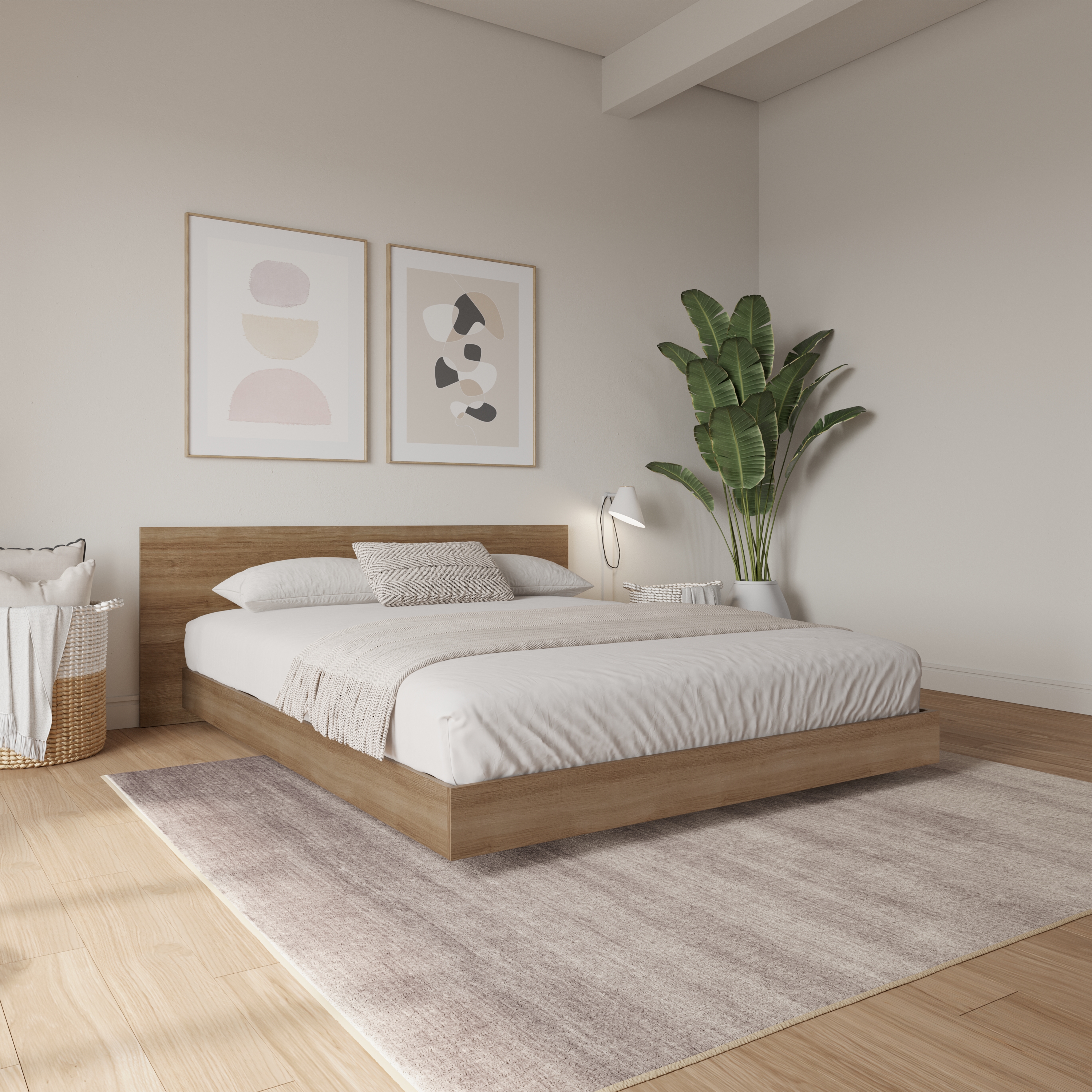 Nexera Satori Low Platform King Size Bed with Headboard, Brown Oak