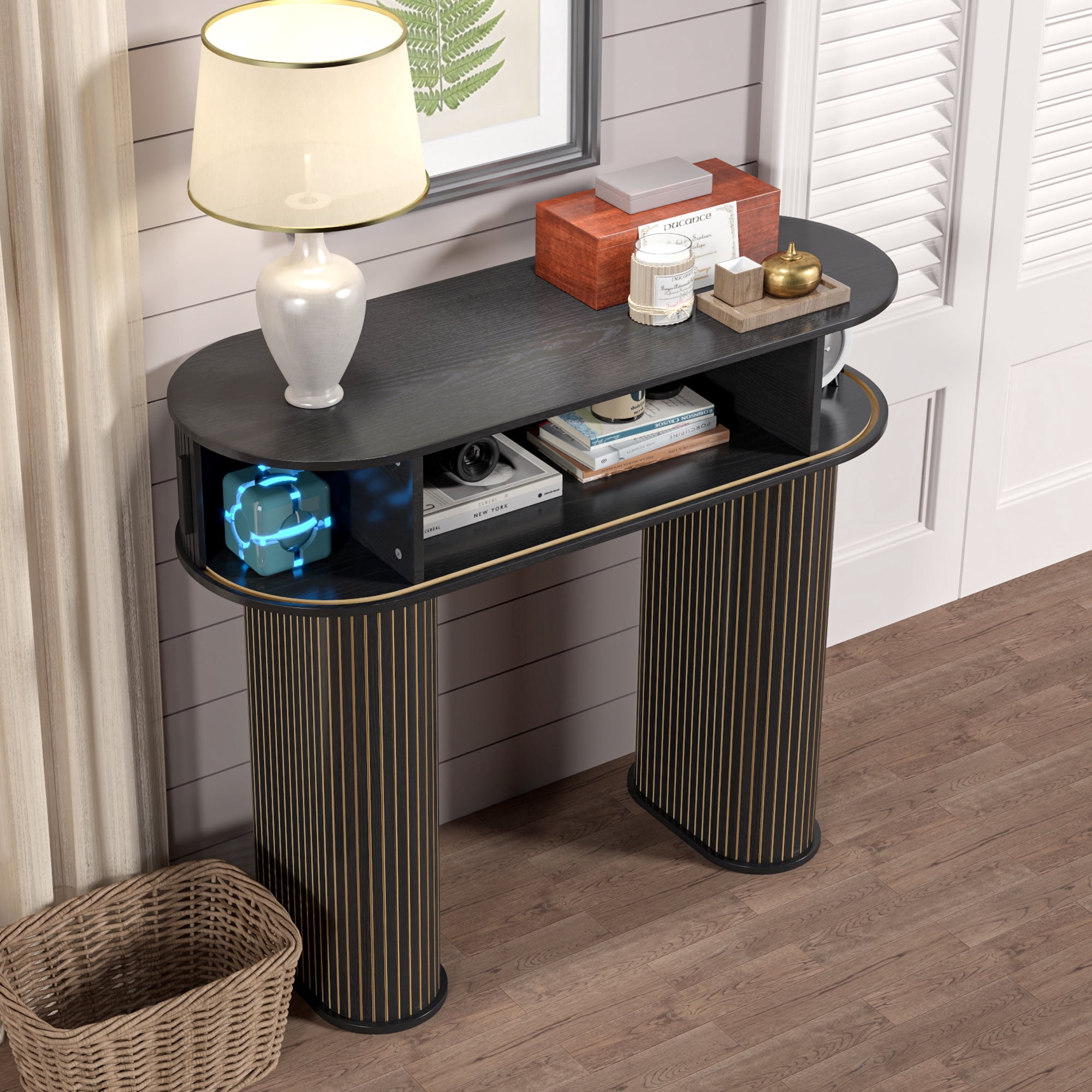 Furtivusia Console Table with Storage, Entryway Table with Sliding Door, Wood Sofa Table for Living Room, Foyer, Hallway, Black