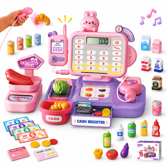 Einailvk Kids Cash Register with Scanner, Calculator, 62Pcs Pretend & Play Store Playset Gift for Ages 3 (Pink & Purple)