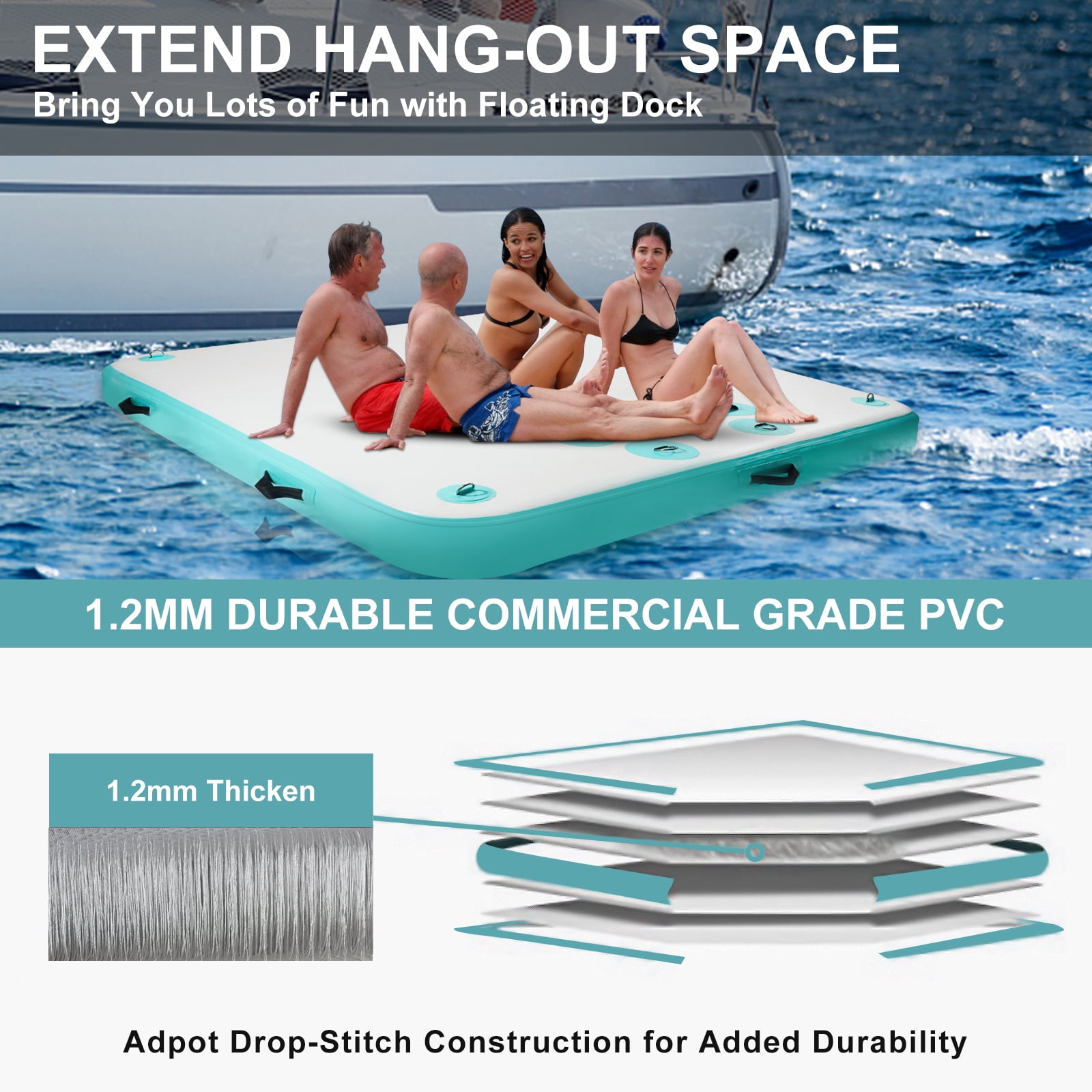 TONKOUM 6 x 5.25FT Floating Dock Inflatable Water Platform For Lake/Boat/Island/Pool