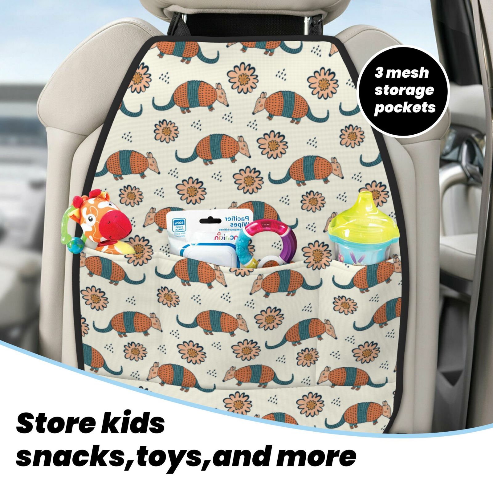 Kdxio Colorful Armadillos1 Print 2 Pack Car Kick Mat Seat Cover Back Protector Mat with Pockets for Organizer Backseat Protector and Storage Anti Kick Pad for Vehicles