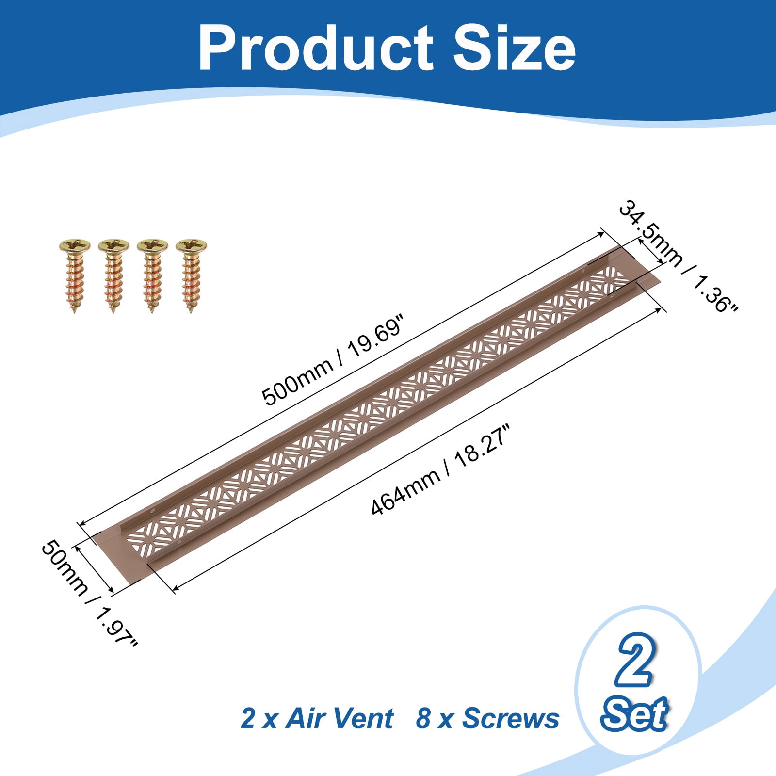 2Pack Aluminum Alloy Air Vents, 500 x 50mm / 19.7 x 2" Rectangle Louvered Ventilation Grille Cover with Mounting Screws for Door Cabinet Wardrobe, Brown