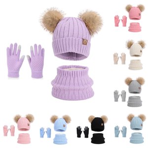 QTSHPN 3PCS Kids Winter Hat Winter Knitted Scarf Winter Gloves Set Kids Knit Hat with Ear Warm Scarf Boys Girls Kids Winter Hat Gloves Scarf Set