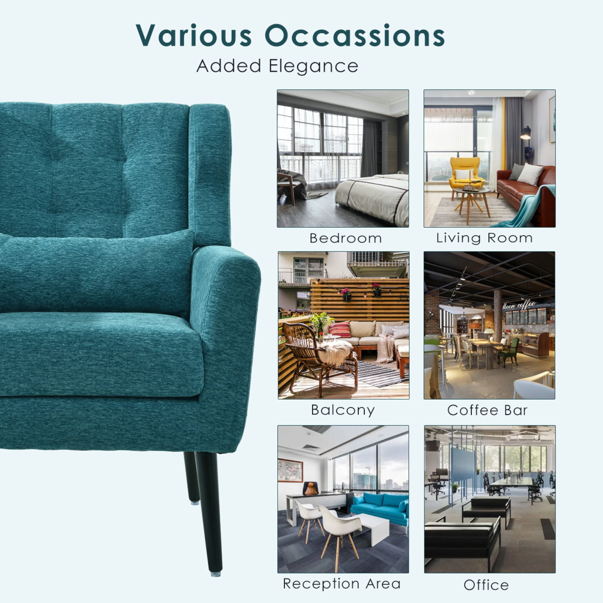 Leumius Modern Accent Chair with Solid Wood Leg, Chenille Armchair with Pillow, Comfy Soft Padded Lounge Chair for Small Space, Bedroom, Living Room Teal