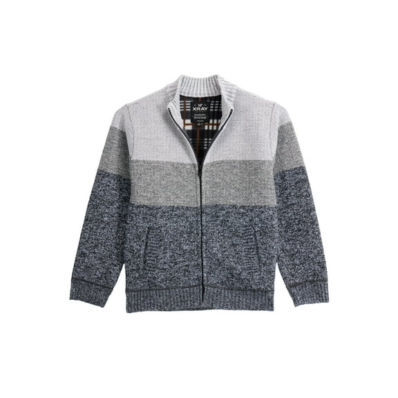 X RAY Jeans Boy's Full Zip Mock Neck Sweater With Fleece Lining, White/Frosted Grey, XL