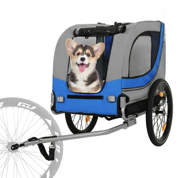 LUMAMIN Dog Bike Trailer, Large Folding Bike Trailer for Dogs, 66LB Capacity All-Terrain Steel Pet Stroller Cart Bicycle Carrier with 3 Zippered Entrances, Grey Blue