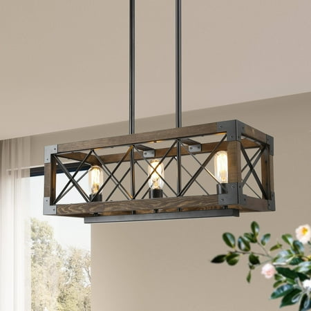 

LNC 3-Light Nature Wood Brown and Matte Black Linear Modern/Contemporary Linear LED Kitchen Island Light Linear Farmhouse Chandeliers Light for Dining Room Kitchen Island Bedroom