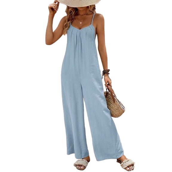 Wide Leg Jumpsuits for Women Spaghetti Strap Cami One Piece Casual Summer Vacation Outfits Sleeveless Rompers (XL, Light Blue)