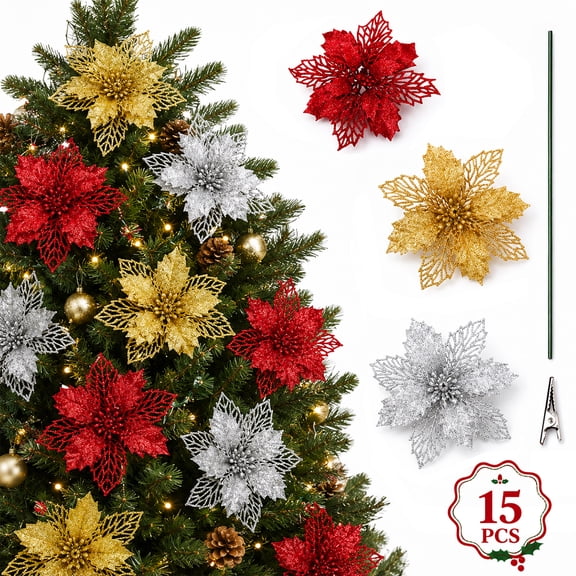 Christmas Tree Ornaments Decorations Flower Picks Artificial Poinsettia with Stems Clips Gold Silver Red 15 Pcs