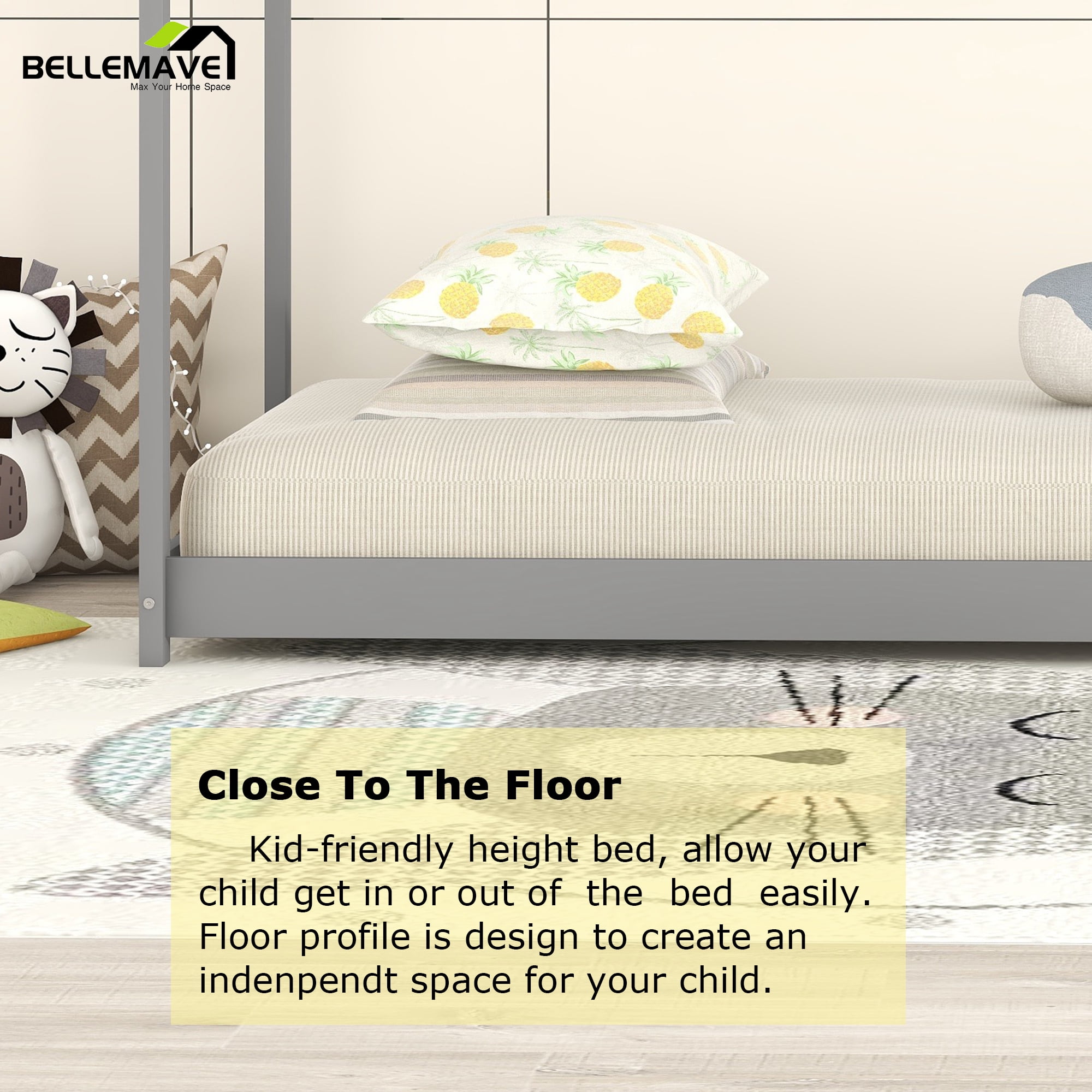 Bellemave Wood Twin Size House Bed Frame, Montessori Floor Bed, No Box Spring Needed (Gray)