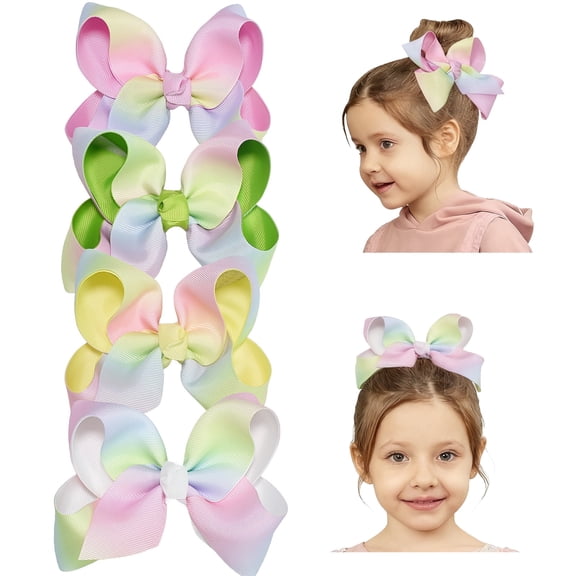 4pcs 5.5inch Pastel Rainbow Hair Bows for Girls - 4 Pack Large Ombre Hair Bows Clips, Cute Hair Accessories for Toddlers Kids, Perfect for Easter, Party, Daily Wear