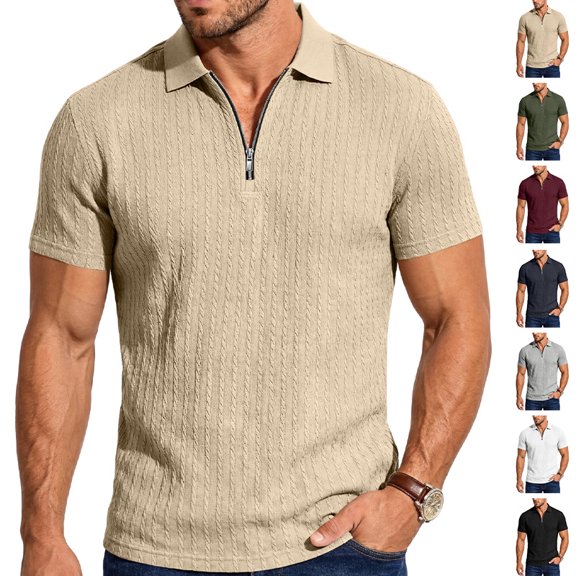KLHDSF Men's Textured Knit Polo Shirts 1/4 Zipper Shirts Short Sleeve Casual Lightweight Golf Shirt Army Green L