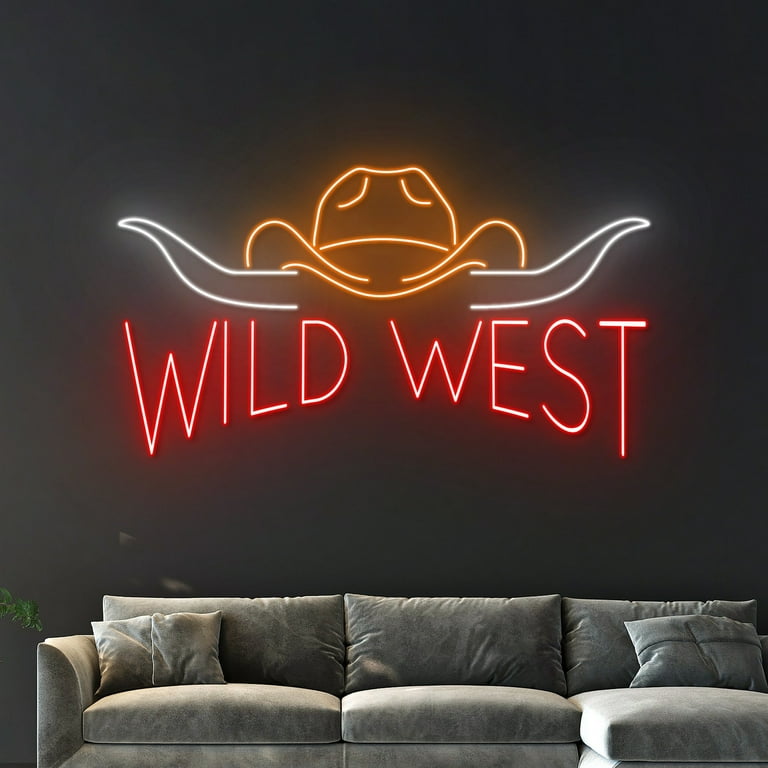 Handmadetneonsign Wild West Neon Sign, Cowboy Hat Longhorn Led
